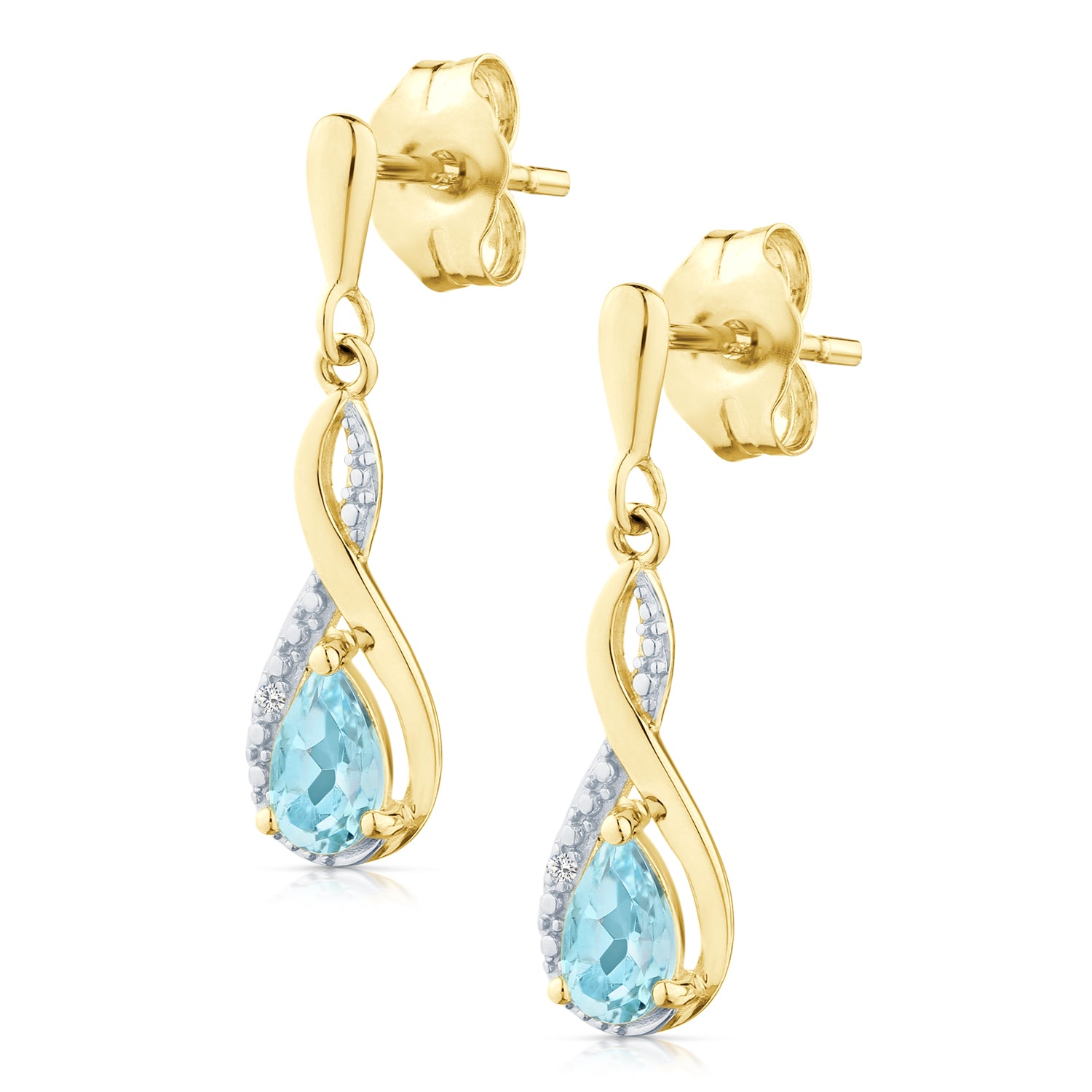 9ct Yellow Gold Blue Topaz and Diamond Infinity Earrings