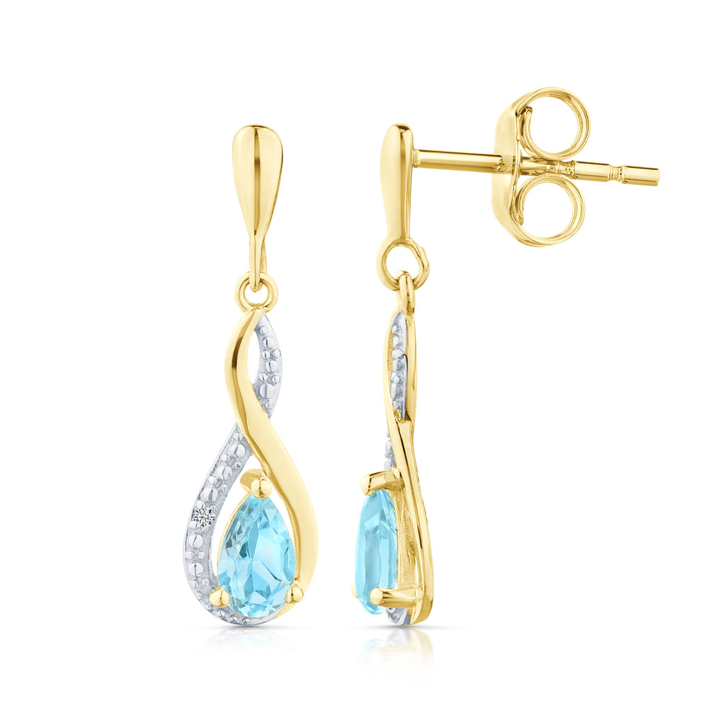 9ct Yellow Gold Blue Topaz and Diamond Infinity Earrings