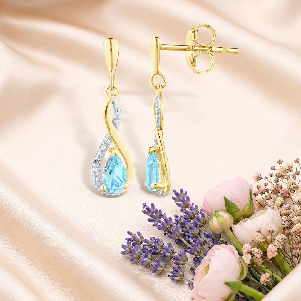 9ct Yellow Gold Blue Topaz and Diamond Infinity Earrings