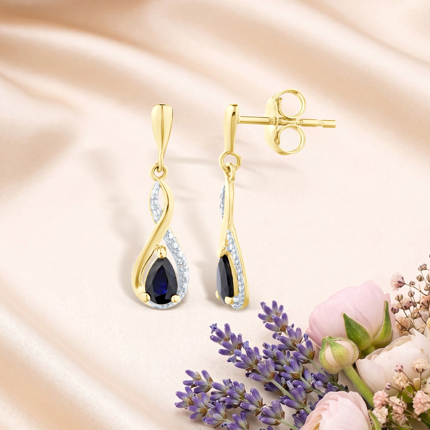9ct Yellow Gold Sapphire and Diamond Infinity Earrings