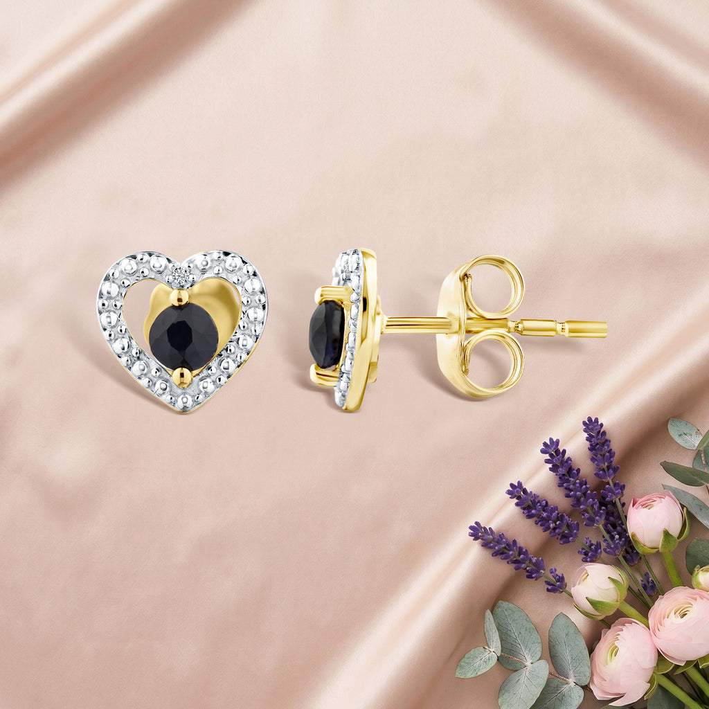9ct Yellow Gold Sapphire and Diamond Heart Earrings
