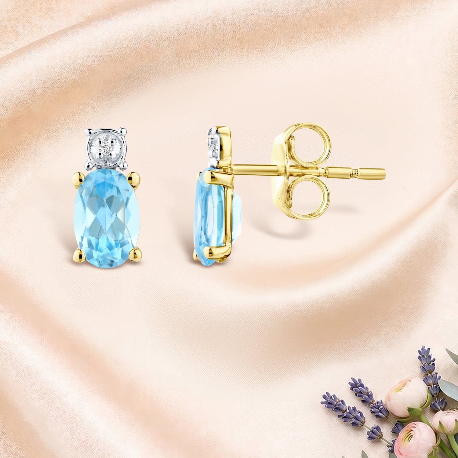 9ct Yellow Gold Blue Topaz and Diamond Solitaire Earrings