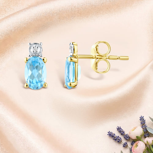 9ct Yellow Gold Blue Topaz and Diamond Solitaire Earrings