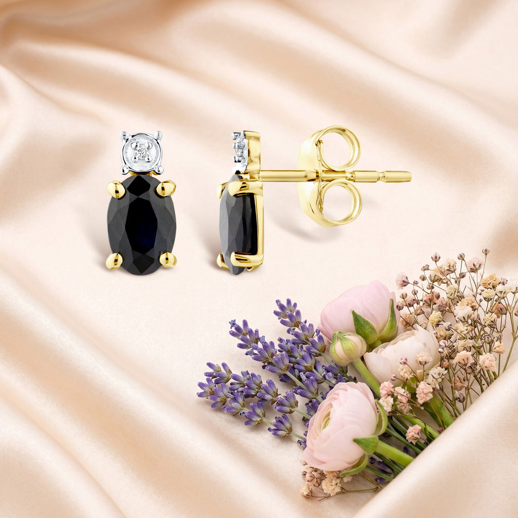 9ct Yellow Gold Sapphire and Diamond Solitaire Earrings