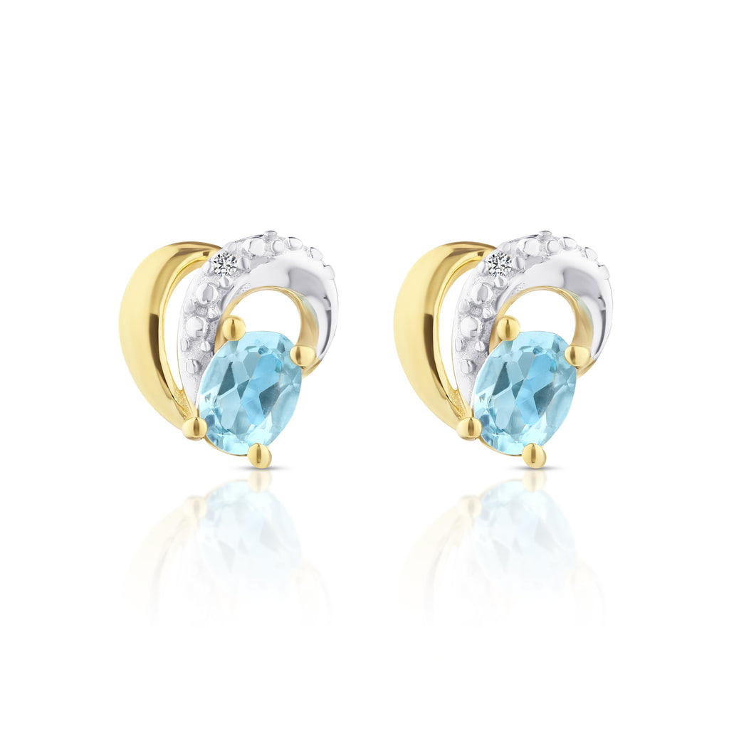 9ct Yellow Gold Blue Topaz and Diamond Heart Earrings