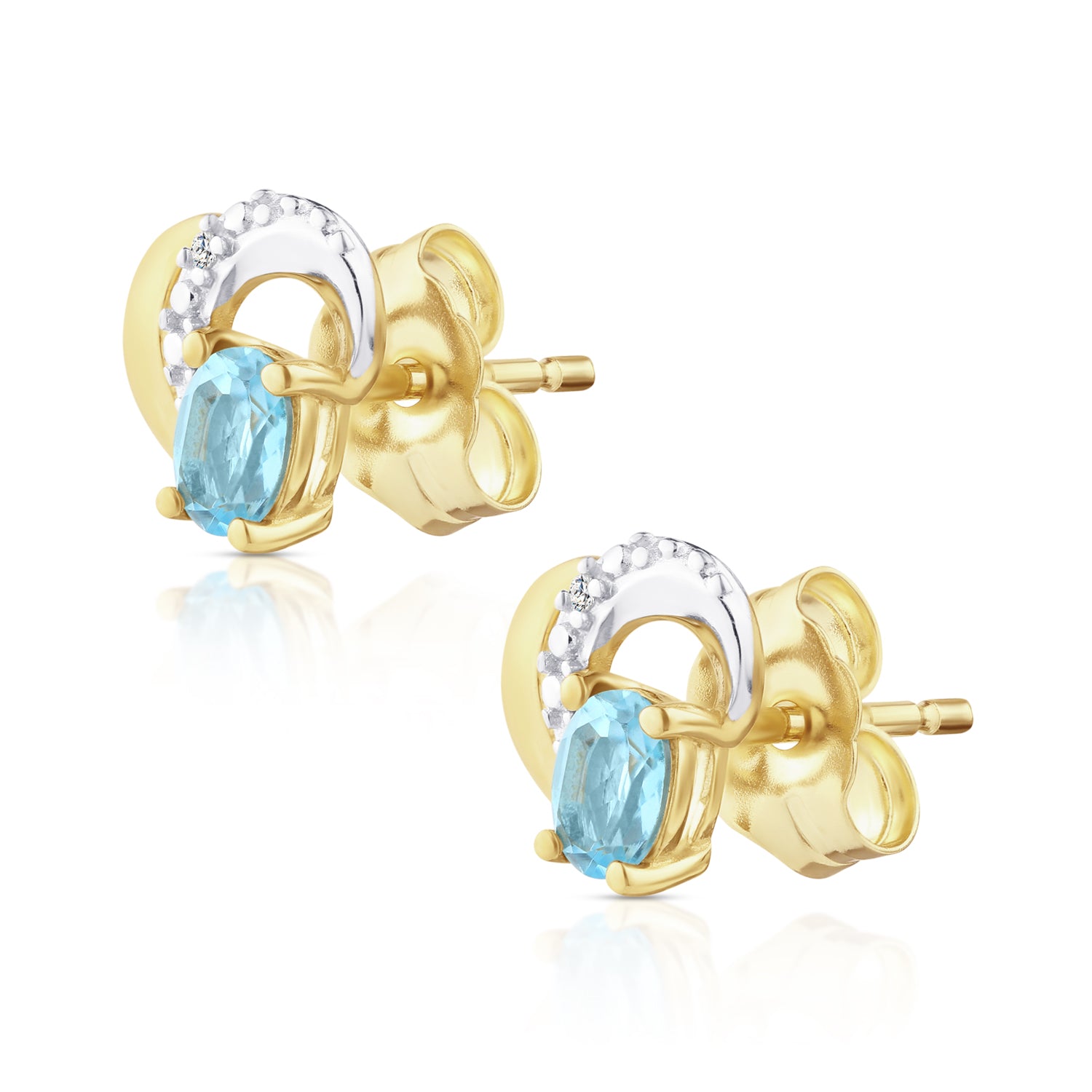 9ct Yellow Gold Blue Topaz and Diamond Heart Earrings