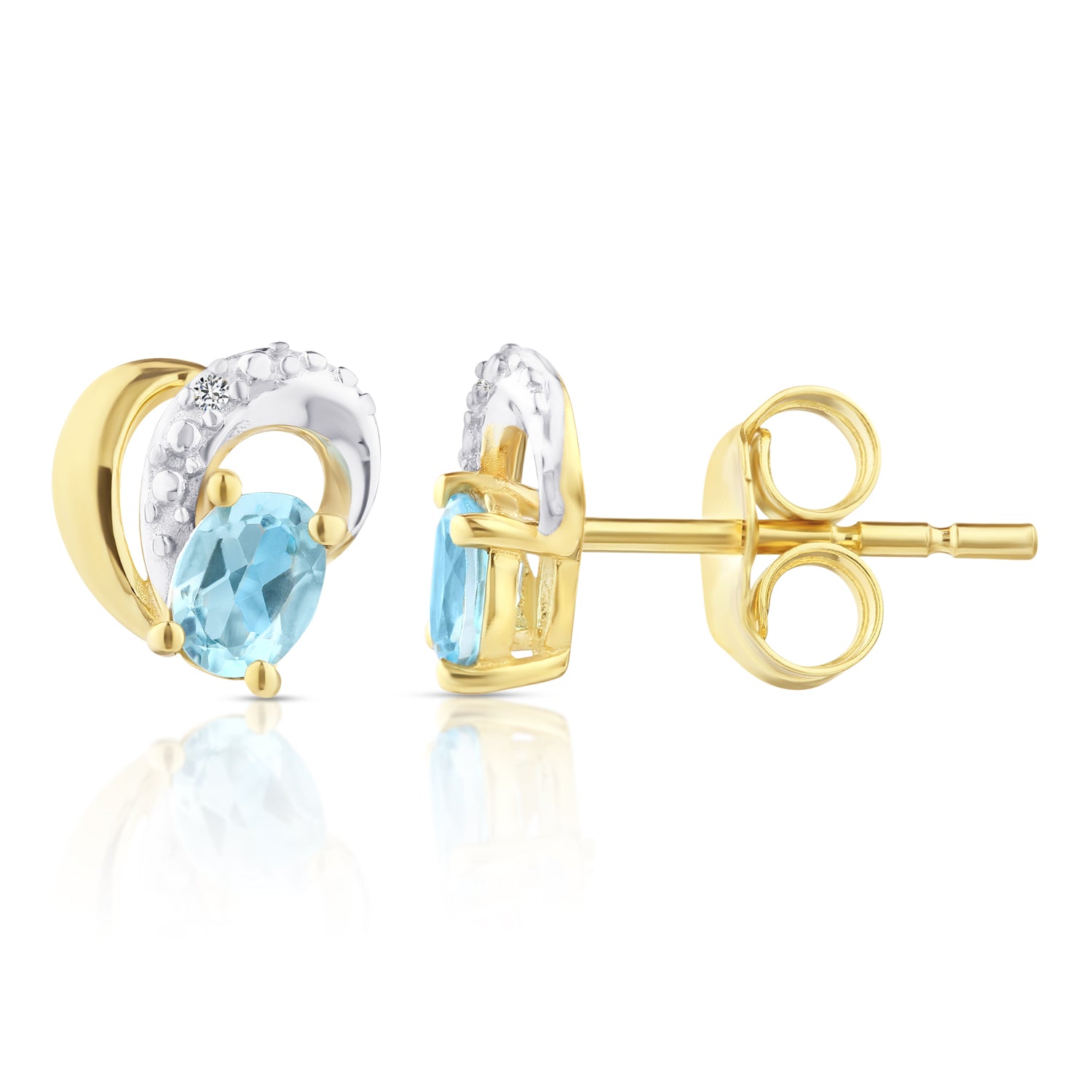 9ct Yellow Gold Blue Topaz and Diamond Heart Earrings