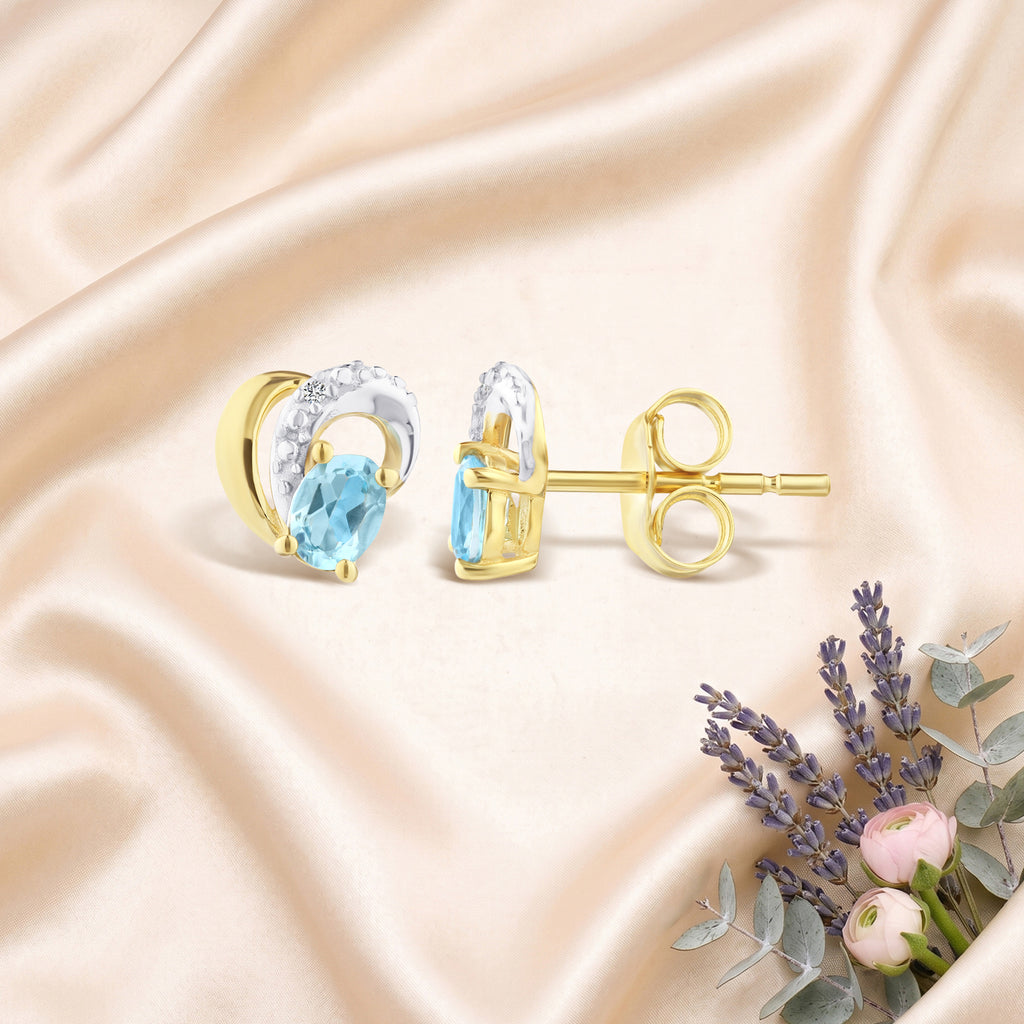 9ct Yellow Gold Blue Topaz and Diamond Heart Earrings