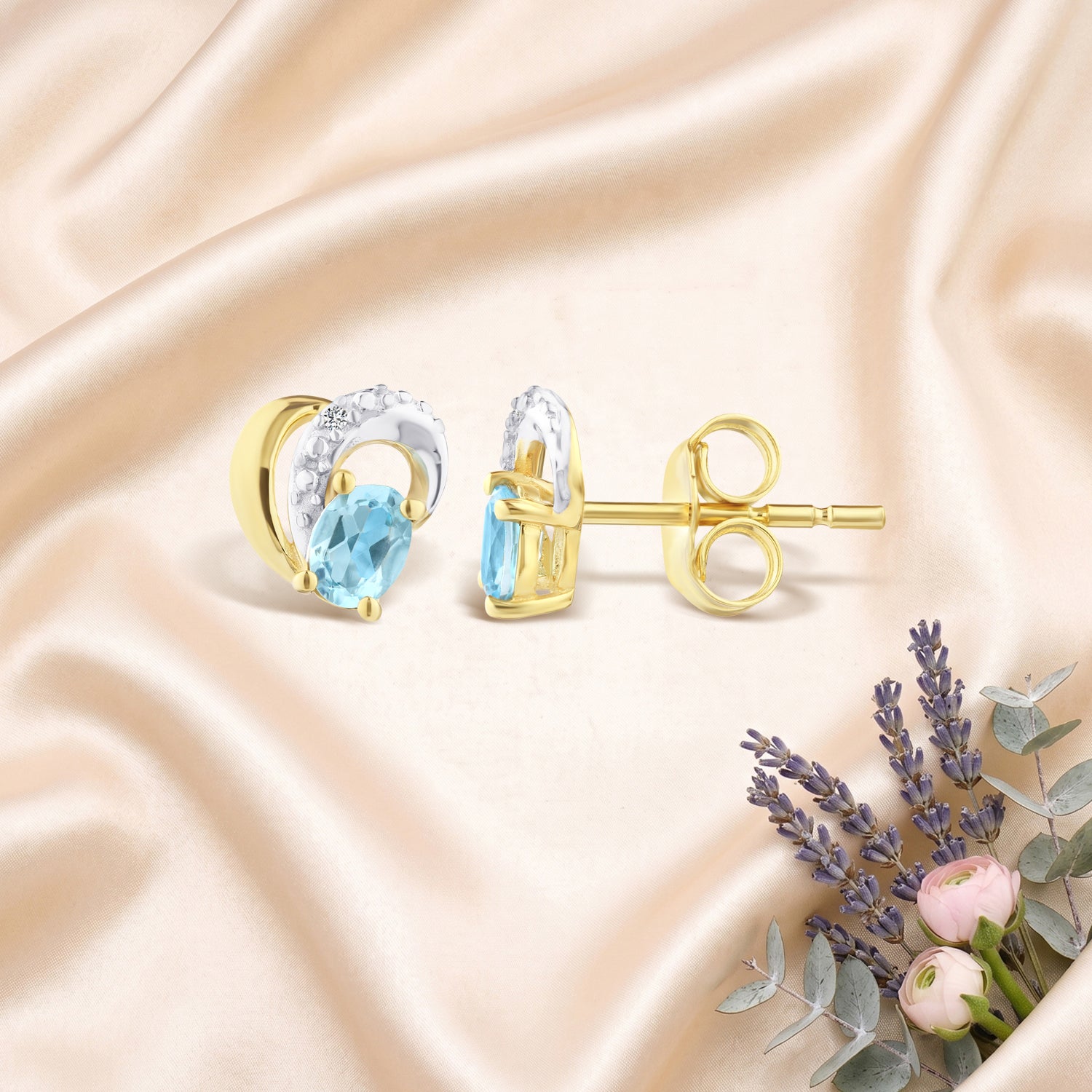 9ct Yellow Gold Blue Topaz and Diamond Heart Earrings