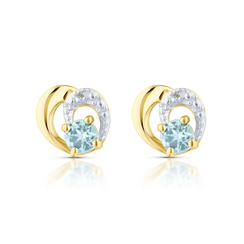 9ct Yellow Gold Blue Topaz and Diamond Heart Stud Earrings