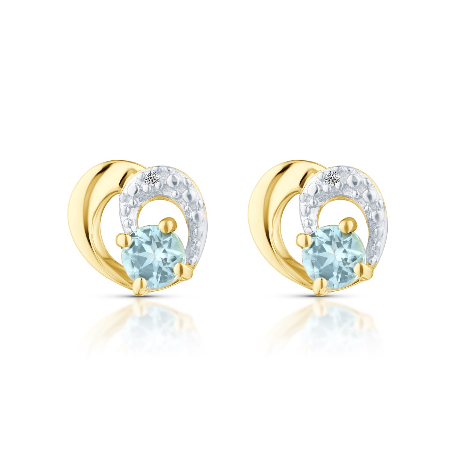 9ct Yellow Gold Blue Topaz and Diamond Heart Stud Earrings