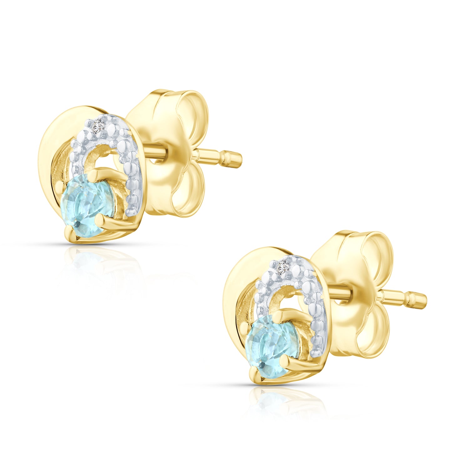 9ct Yellow Gold Blue Topaz and Diamond Heart Stud Earrings