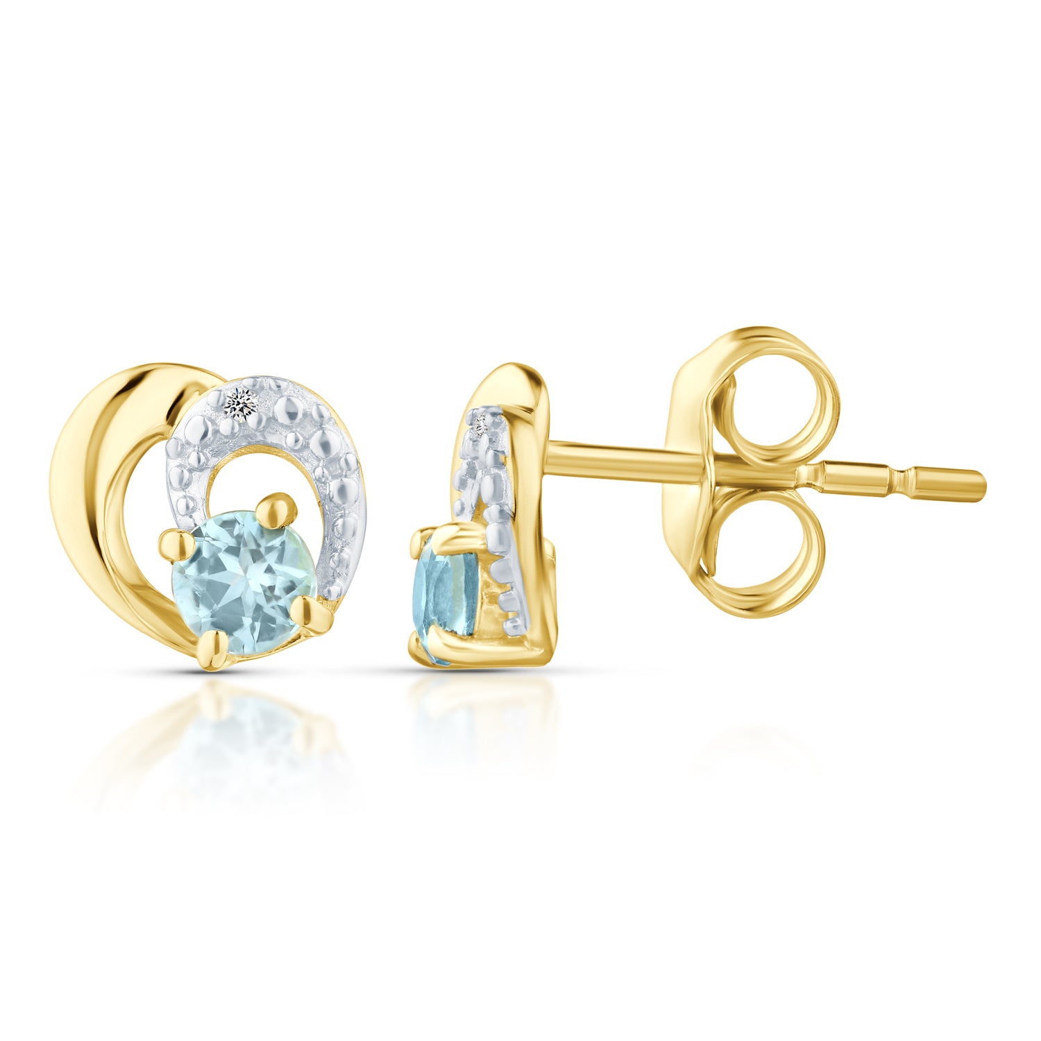 9ct Yellow Gold Blue Topaz and Diamond Heart Stud Earrings