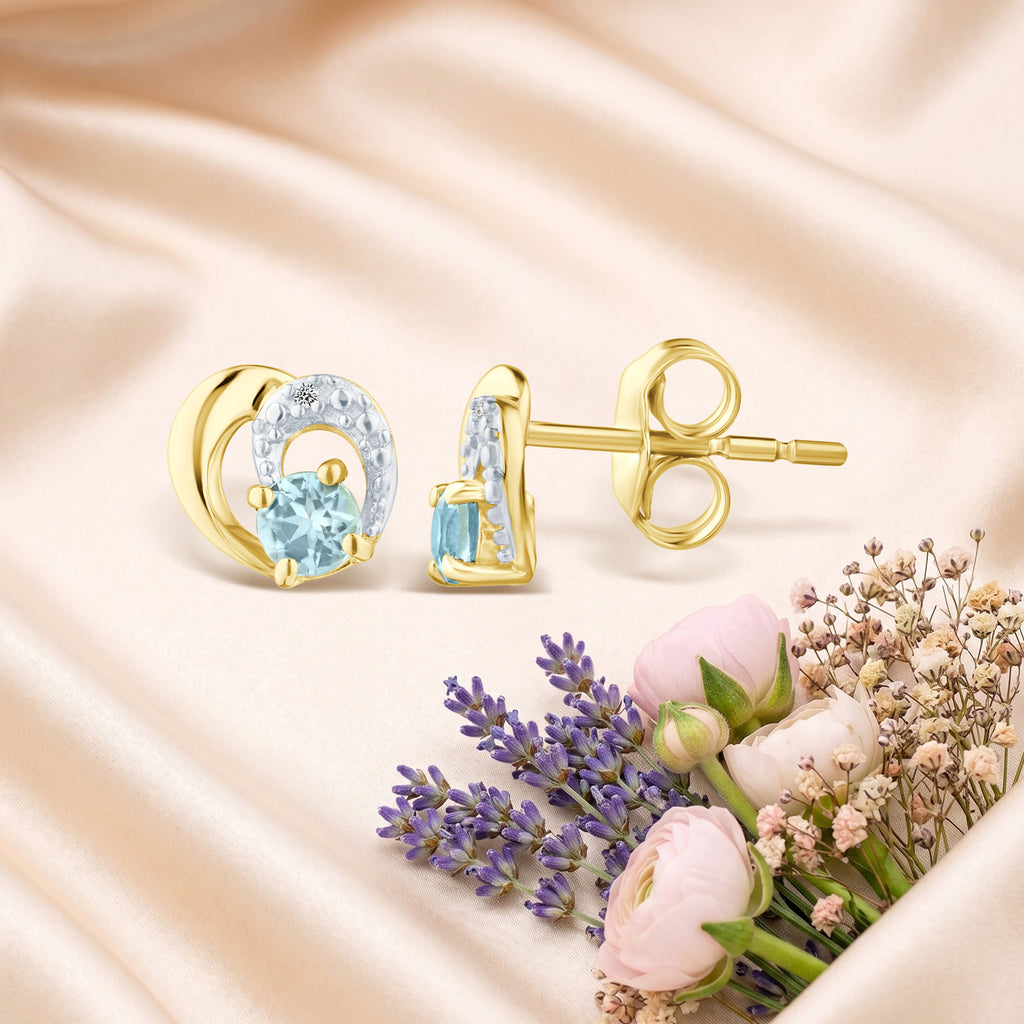 9ct Yellow Gold Blue Topaz and Diamond Heart Stud Earrings