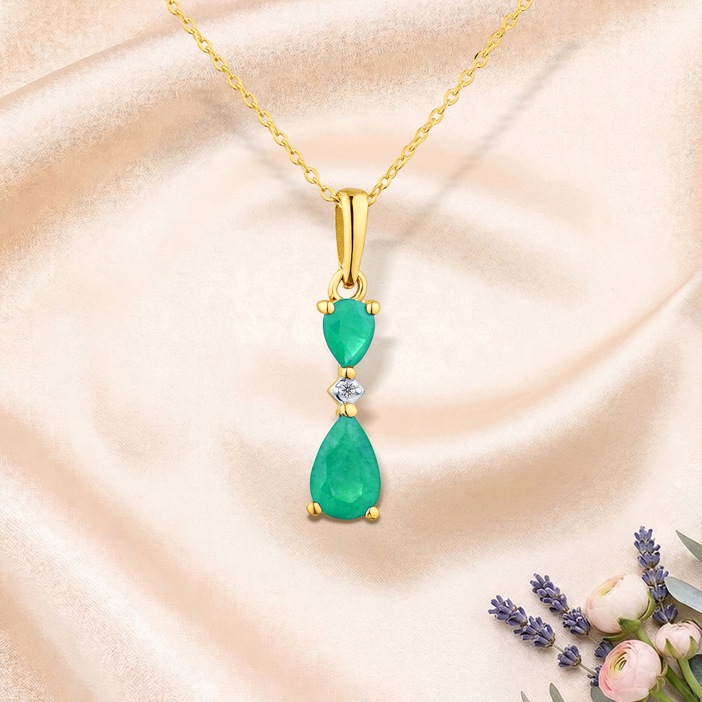 9ct Yellow Gold Pear Emerald and Diamond Pendant