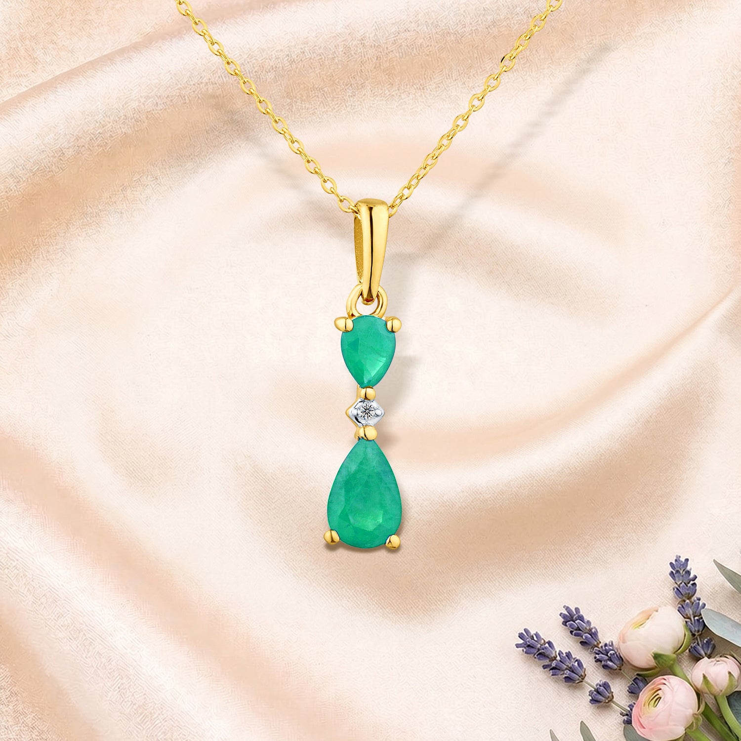 9ct Yellow Gold Pear Emerald and Diamond Pendant