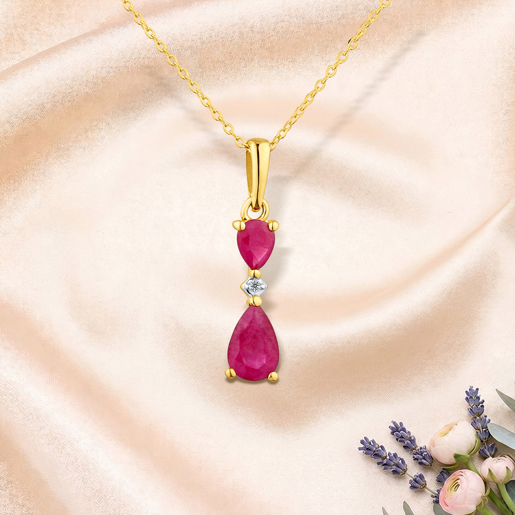 9ct Yellow Gold Pear Ruby and Diamond Pendant