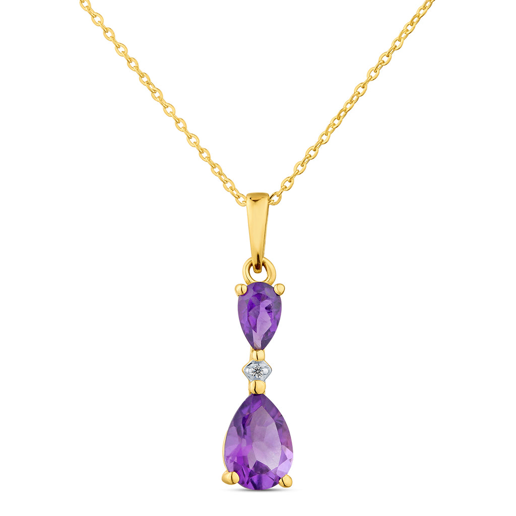 9ct Yellow Gold Pear Amethyst and Diamond Pendant