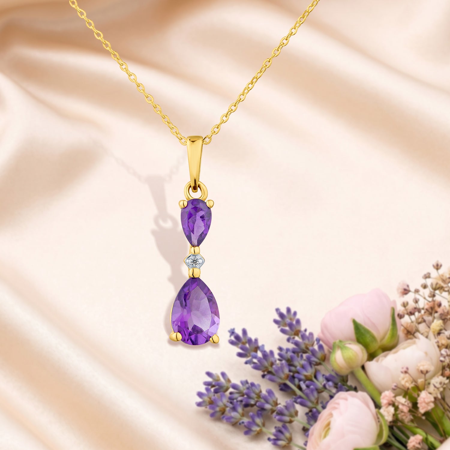 9ct Yellow Gold Pear Amethyst and Diamond Pendant