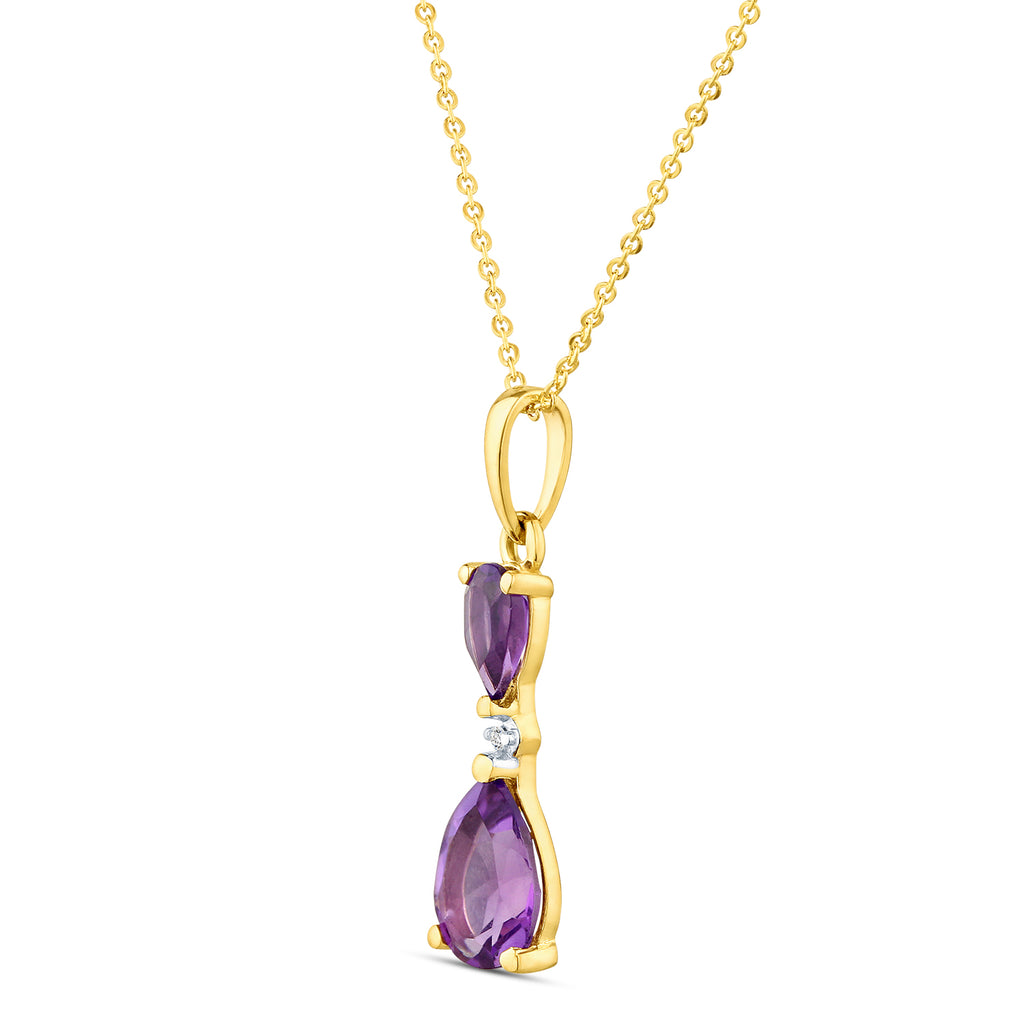 9ct Yellow Gold Pear Amethyst and Diamond Pendant