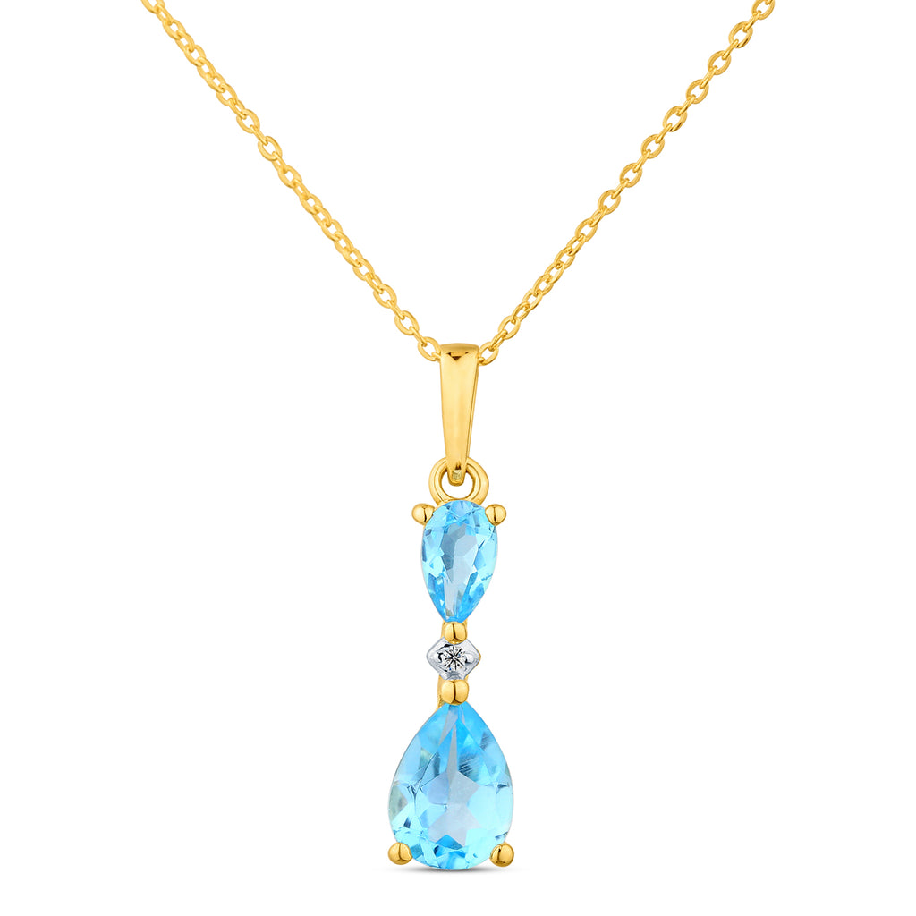 9ct Yellow Gold Pear Blue Topaz and Diamond Pendant