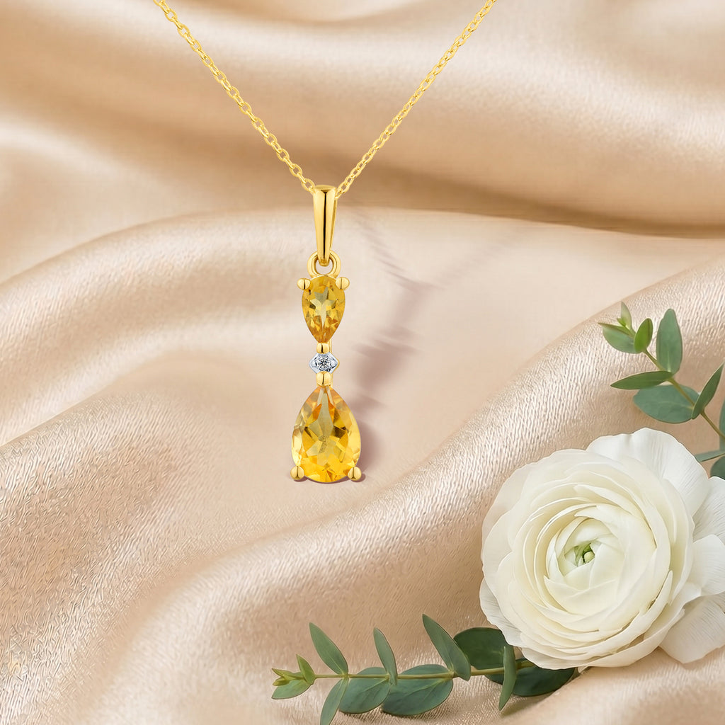 9ct Yellow Gold Pear Citrine and Diamond Pendant