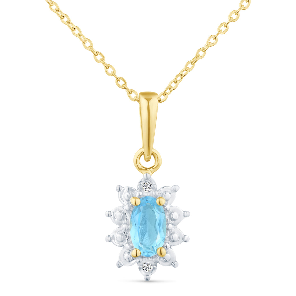 9ct Yellow Gold Blue Topaz and Diamond Cluster Pendant