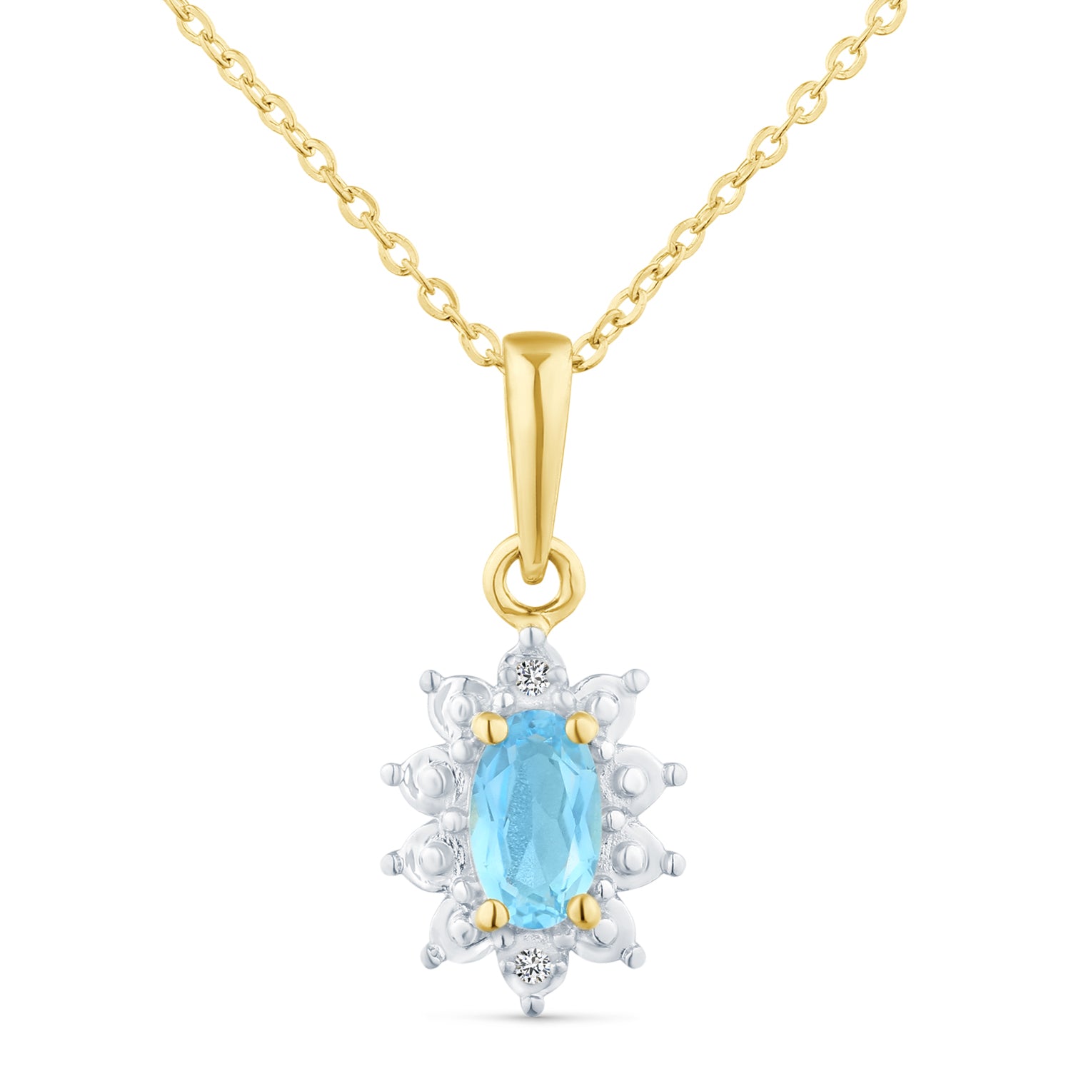 9ct Yellow Gold Blue Topaz and Diamond Cluster Pendant