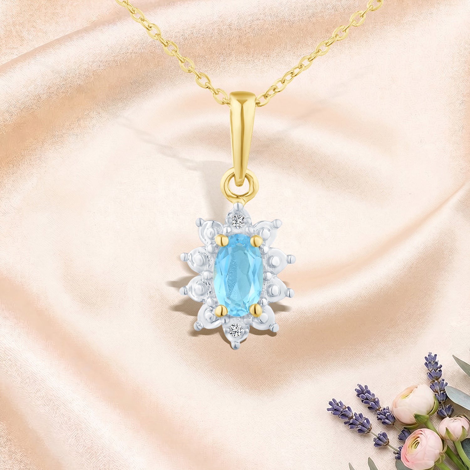 9ct Yellow Gold Blue Topaz and Diamond Cluster Pendant