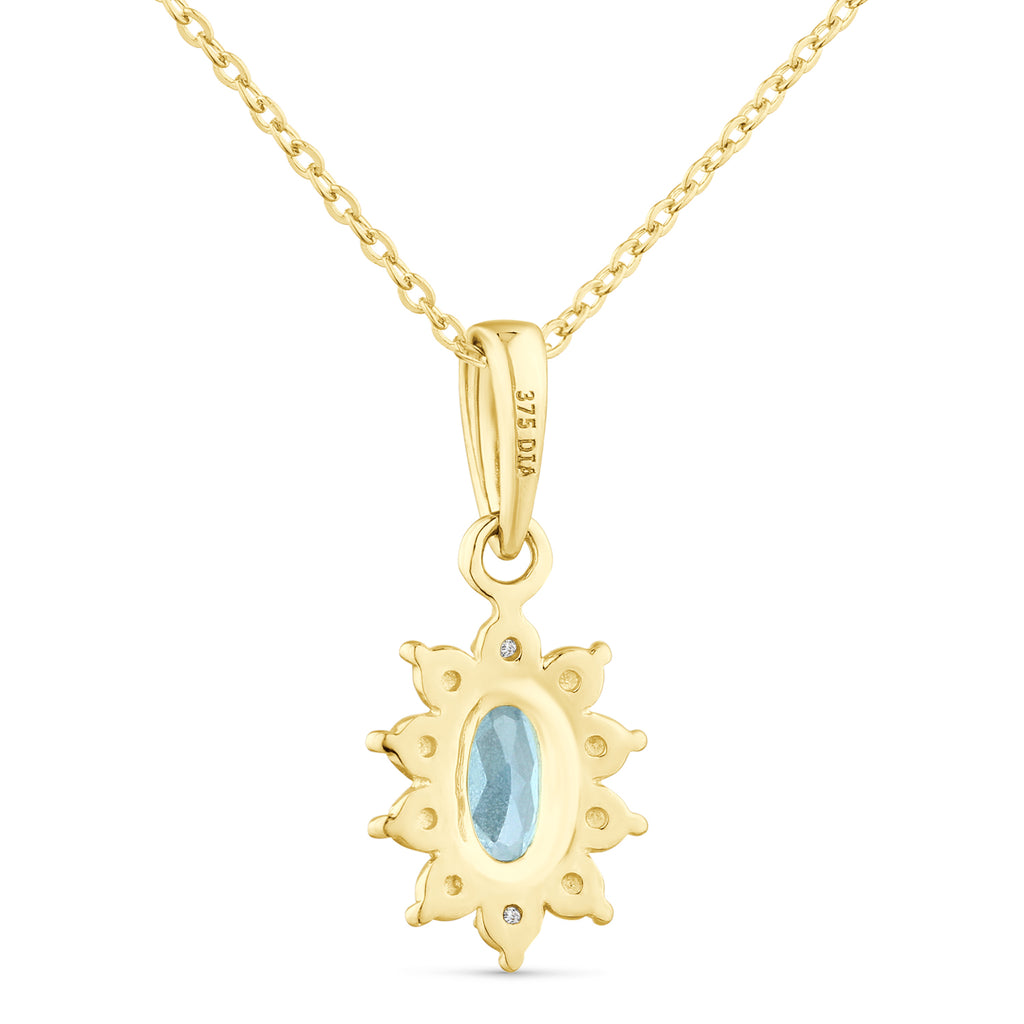 9ct Yellow Gold Blue Topaz and Diamond Cluster Pendant