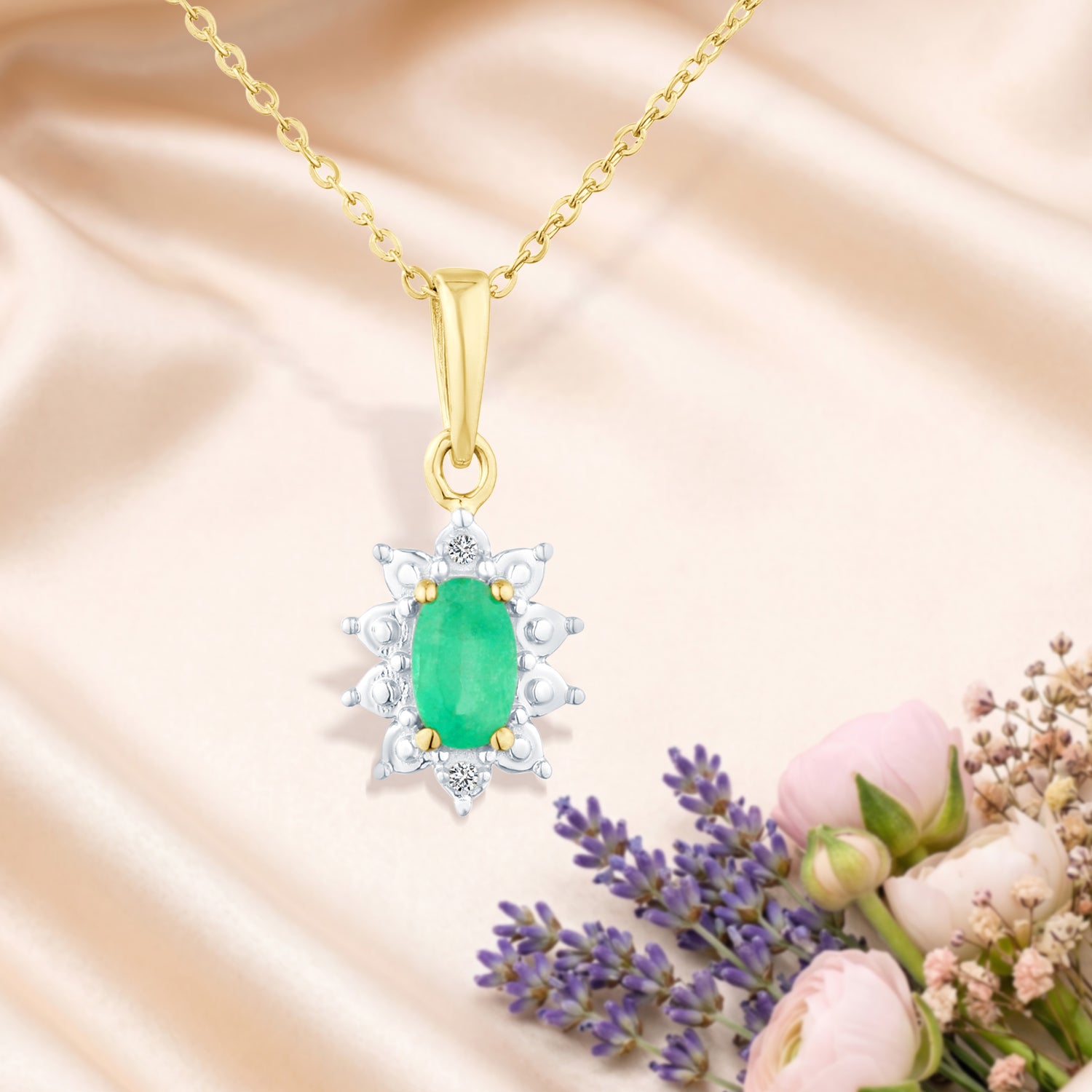 9ct Yellow Gold Emerald and Diamond Cluster Pendant