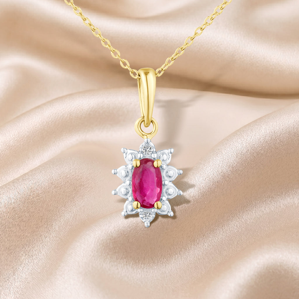 9ct Yellow Gold Ruby and Diamond Cluster Pendant