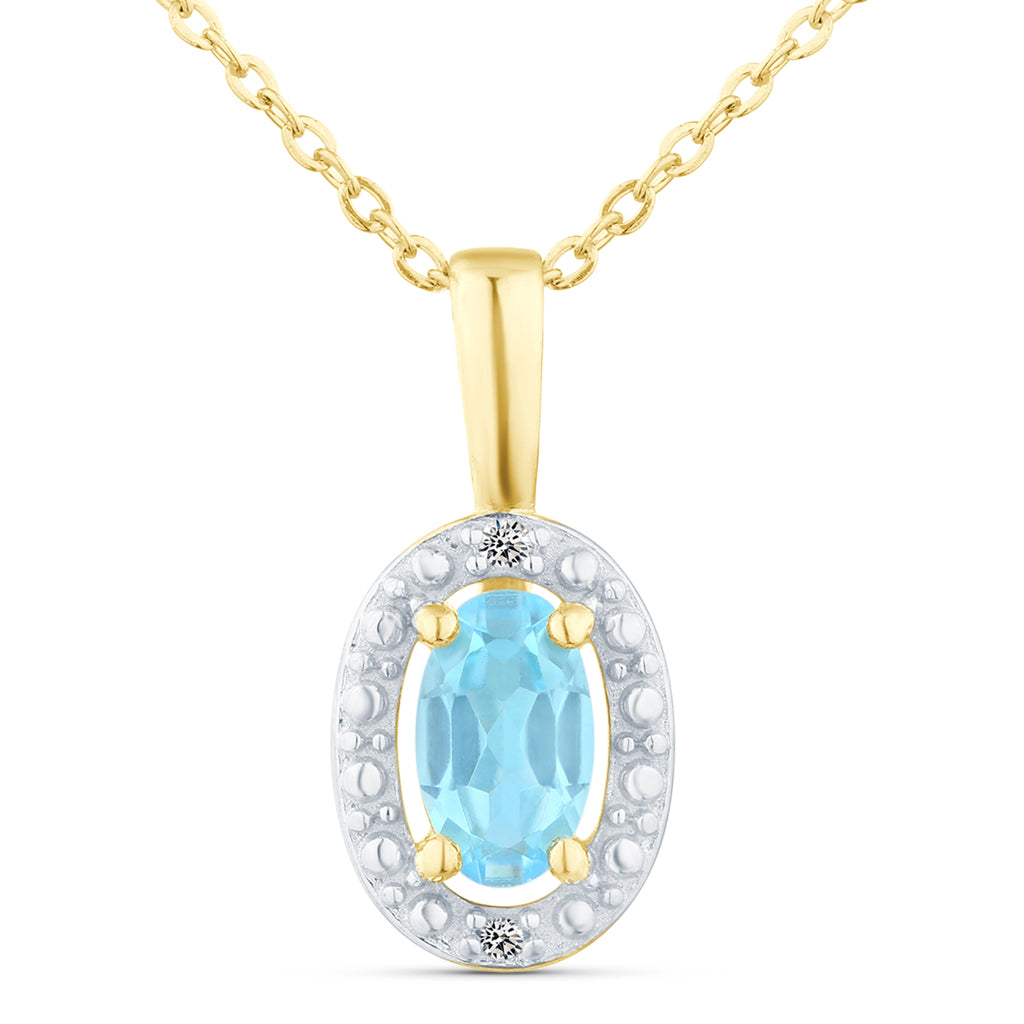 9ct Yellow Gold Blue Topaz and Diamond Halo Pendant