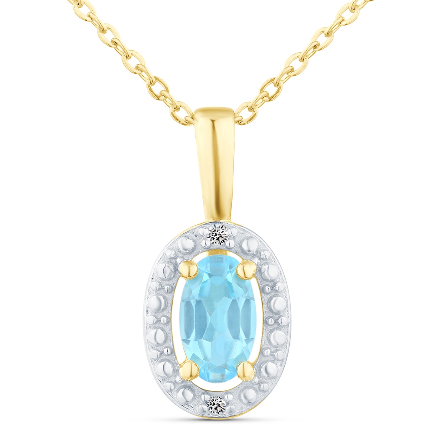 9ct Yellow Gold Blue Topaz and Diamond Halo Pendant