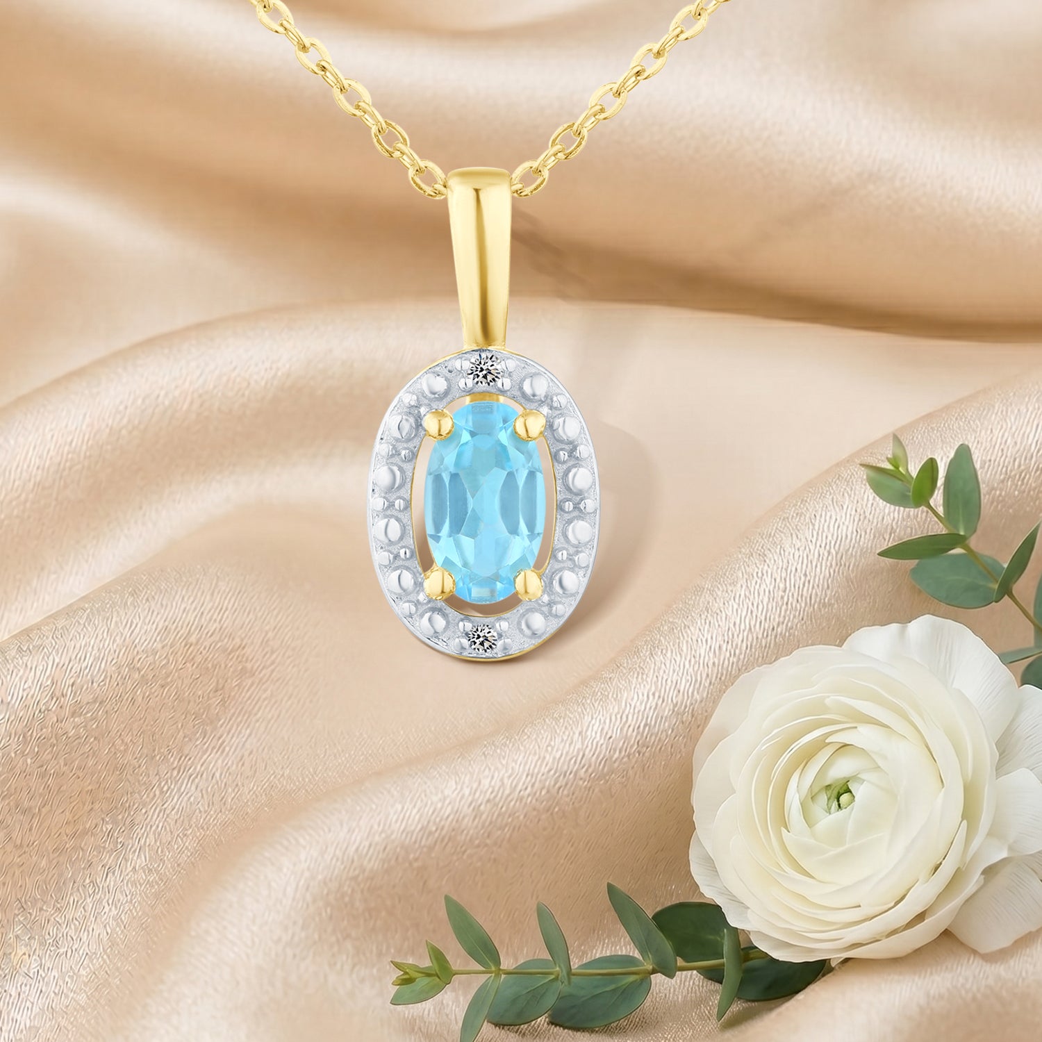 9ct Yellow Gold Blue Topaz and Diamond Halo Pendant