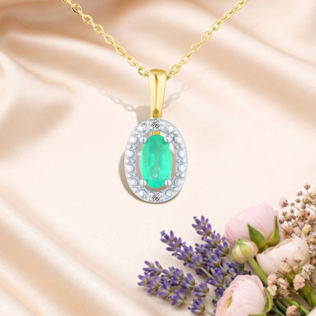 9ct Yellow Gold Emerald and Diamond Halo Pendant