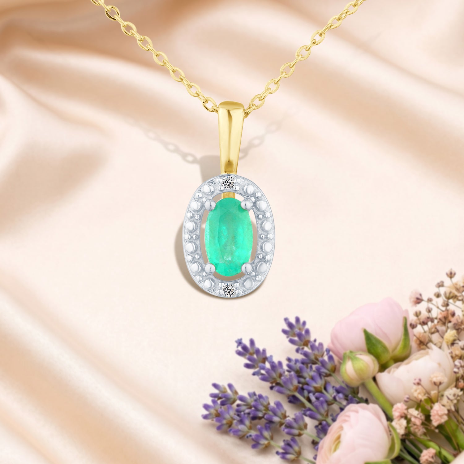 9ct Yellow Gold Emerald and Diamond Halo Pendant
