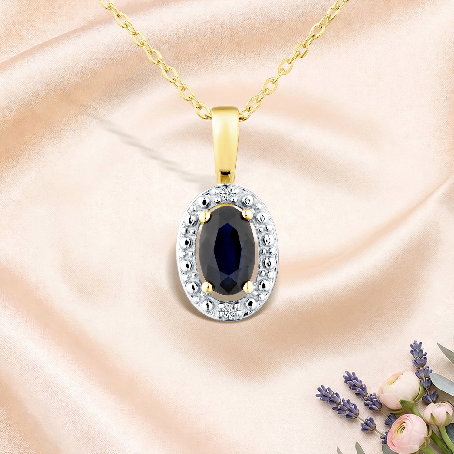 9ct Yellow Gold Sapphire and Diamond Halo Pendant