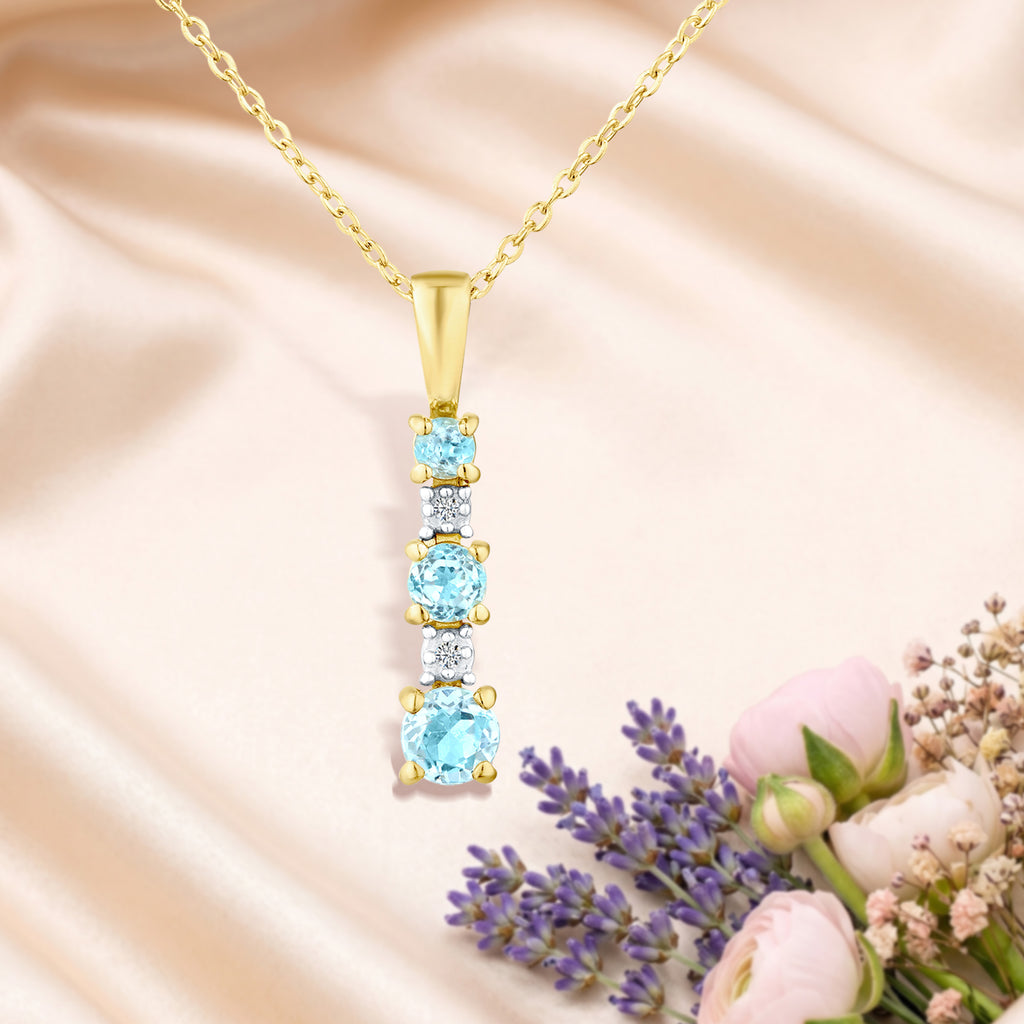 9ct Yellow Gold Blue Topaz and Diamond Stick Pendant