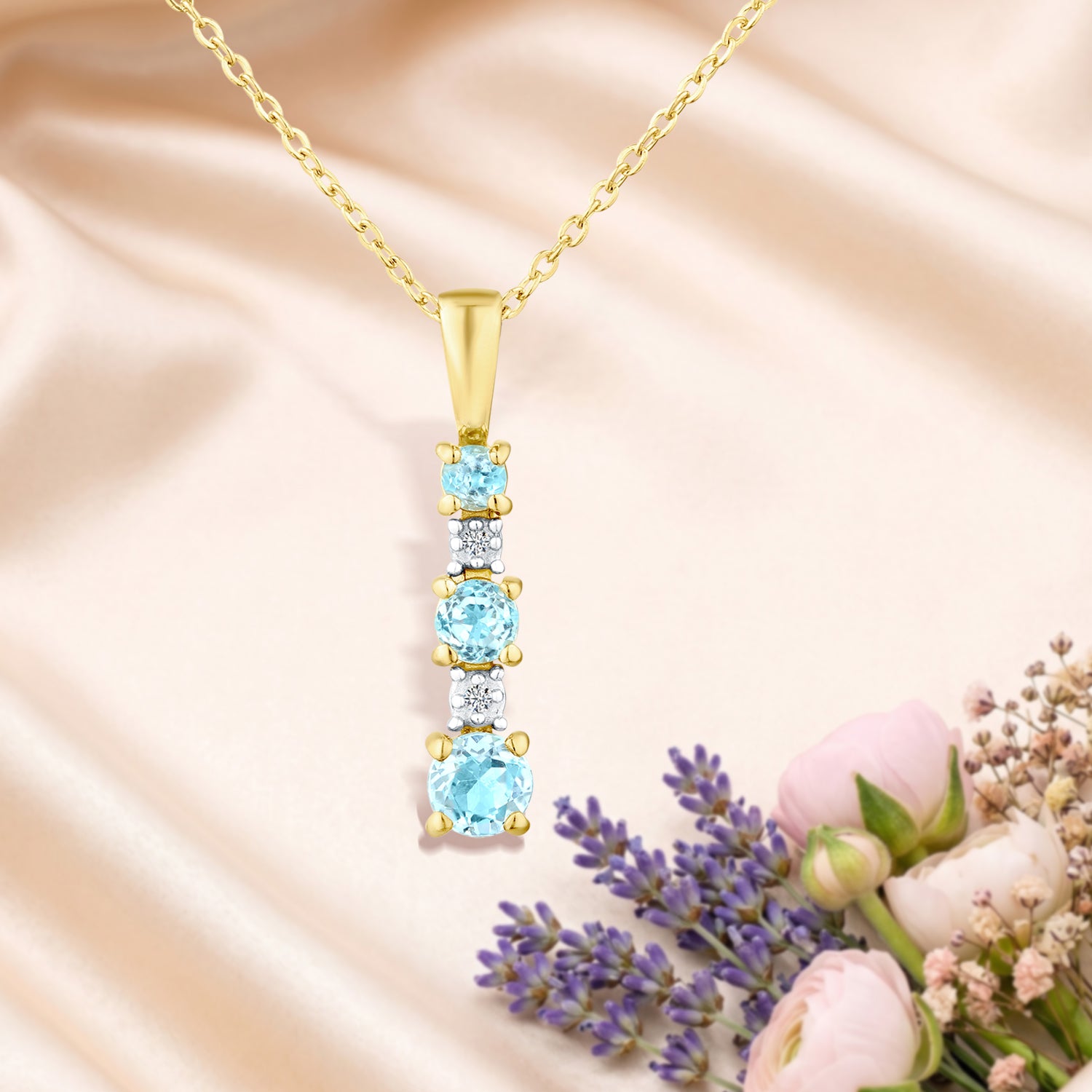 9ct Yellow Gold Blue Topaz and Diamond Stick Pendant