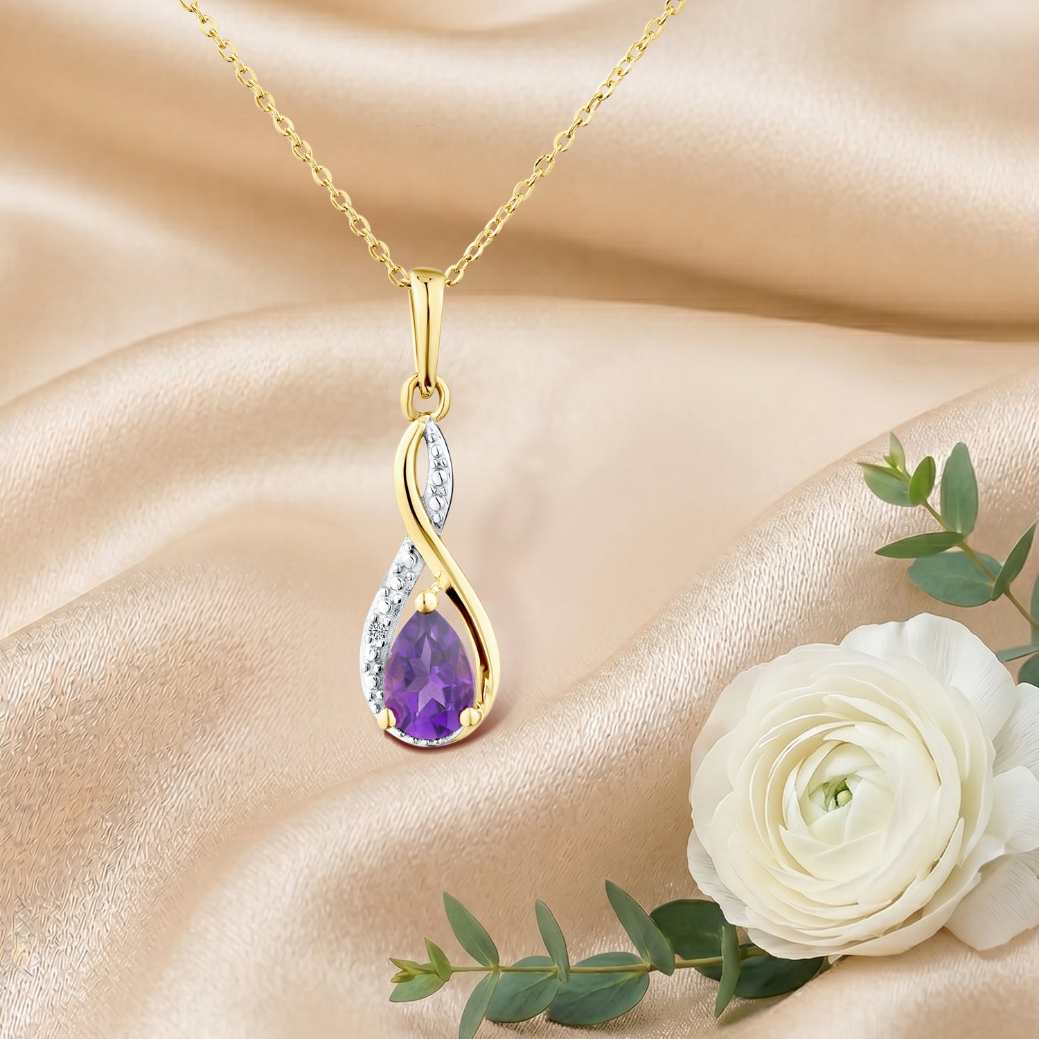 9ct Yellow Gold Amethyst and Diamond Infinity Pendant