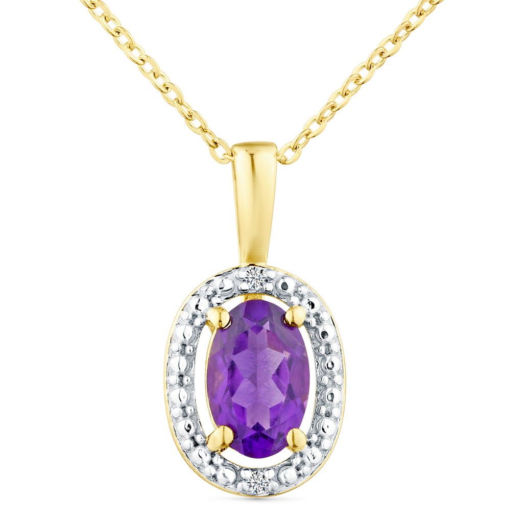 9ct Yellow Gold Oval Amethyst and Diamond Cluster Pendant