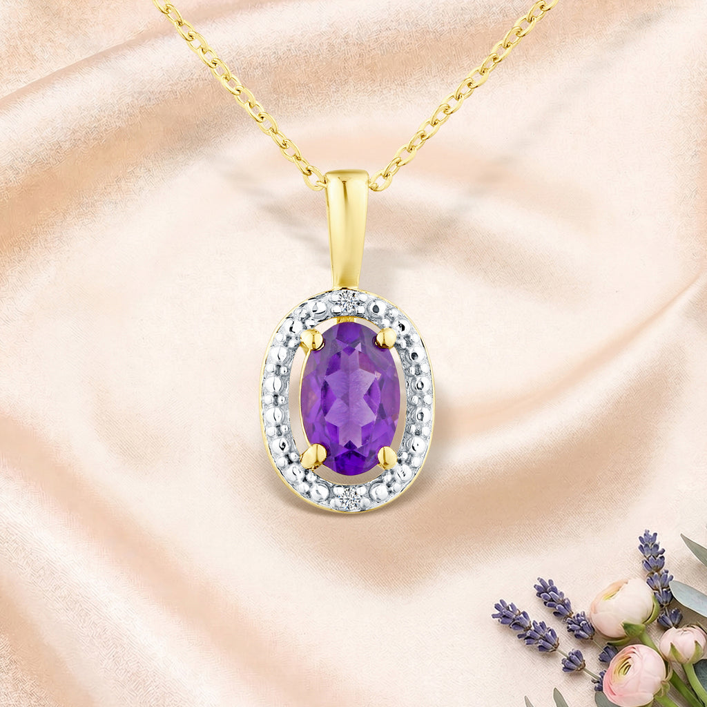 9ct Yellow Gold Oval Amethyst and Diamond Cluster Pendant