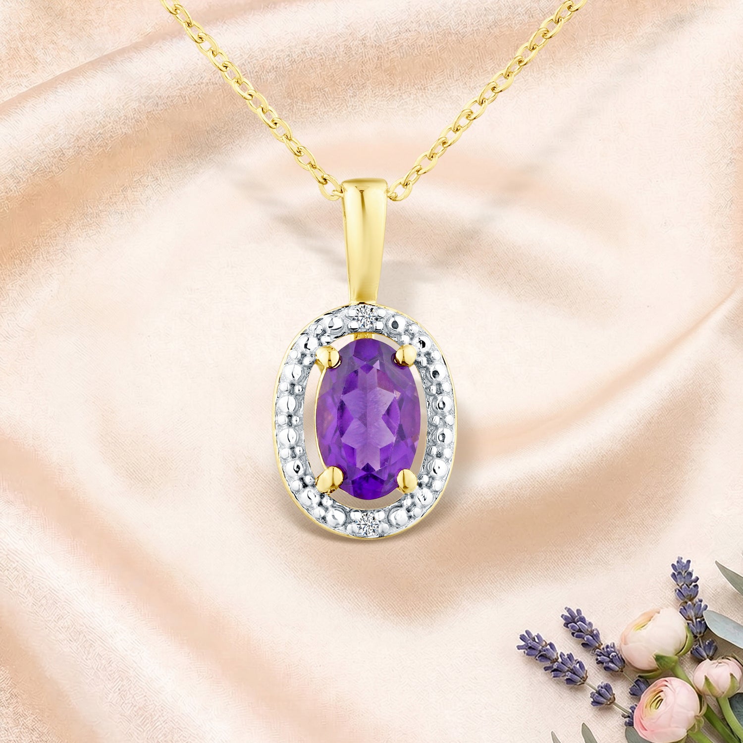 9ct Yellow Gold Oval Amethyst and Diamond Cluster Pendant