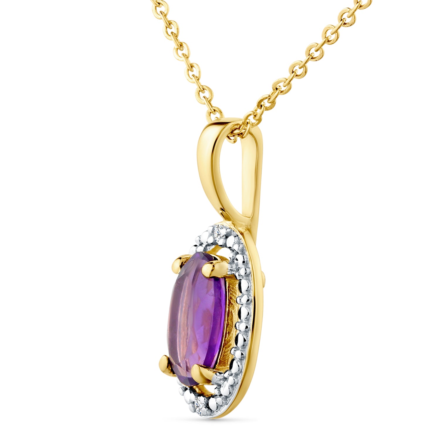 9ct Yellow Gold Oval Amethyst and Diamond Cluster Pendant