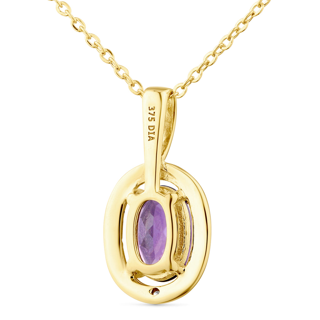 9ct Yellow Gold Oval Amethyst and Diamond Cluster Pendant