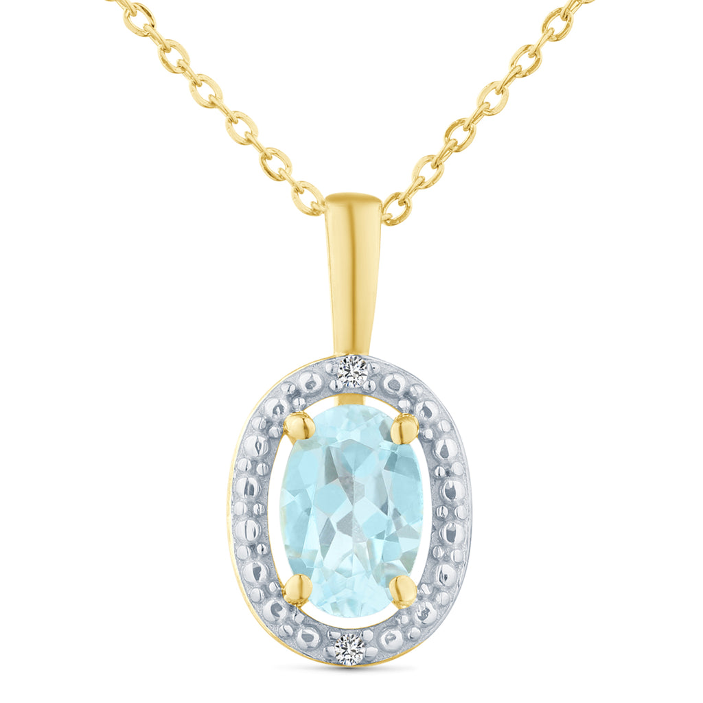 9ct Yellow Gold Oval Blue Topaz and Diamond Cluster Pendant