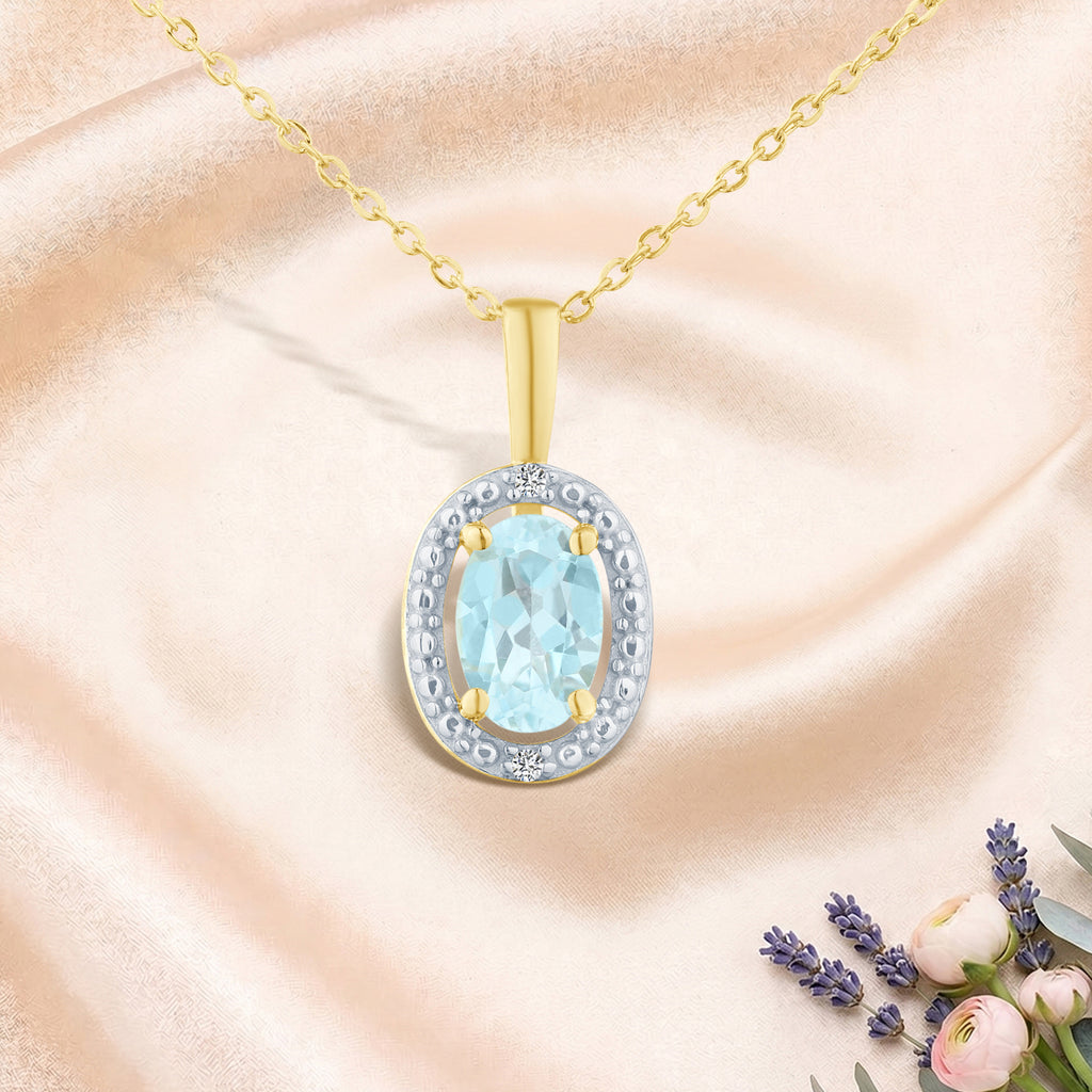 9ct Yellow Gold Oval Blue Topaz and Diamond Cluster Pendant