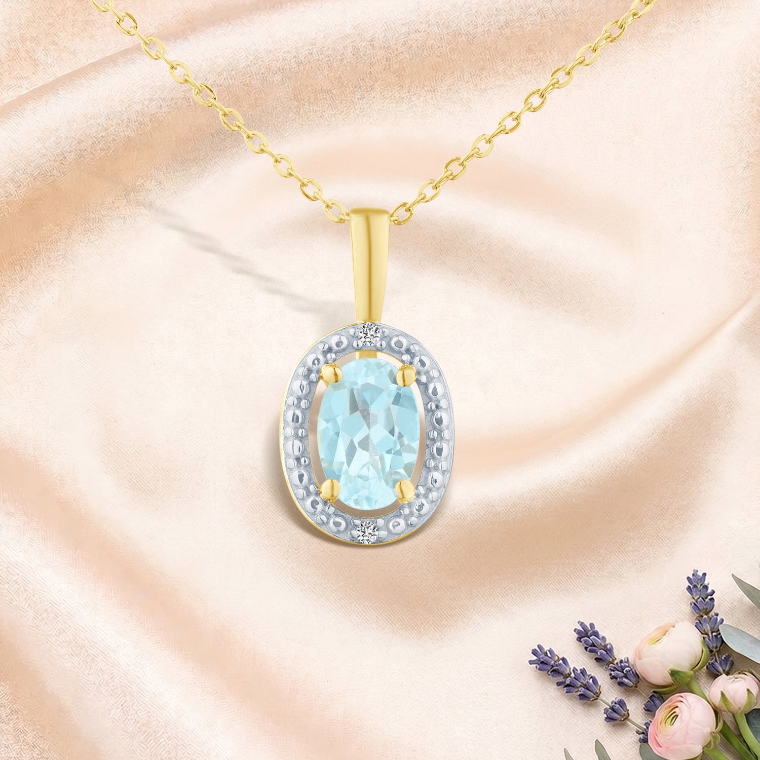9ct Yellow Gold Oval Blue Topaz and Diamond Cluster Pendant