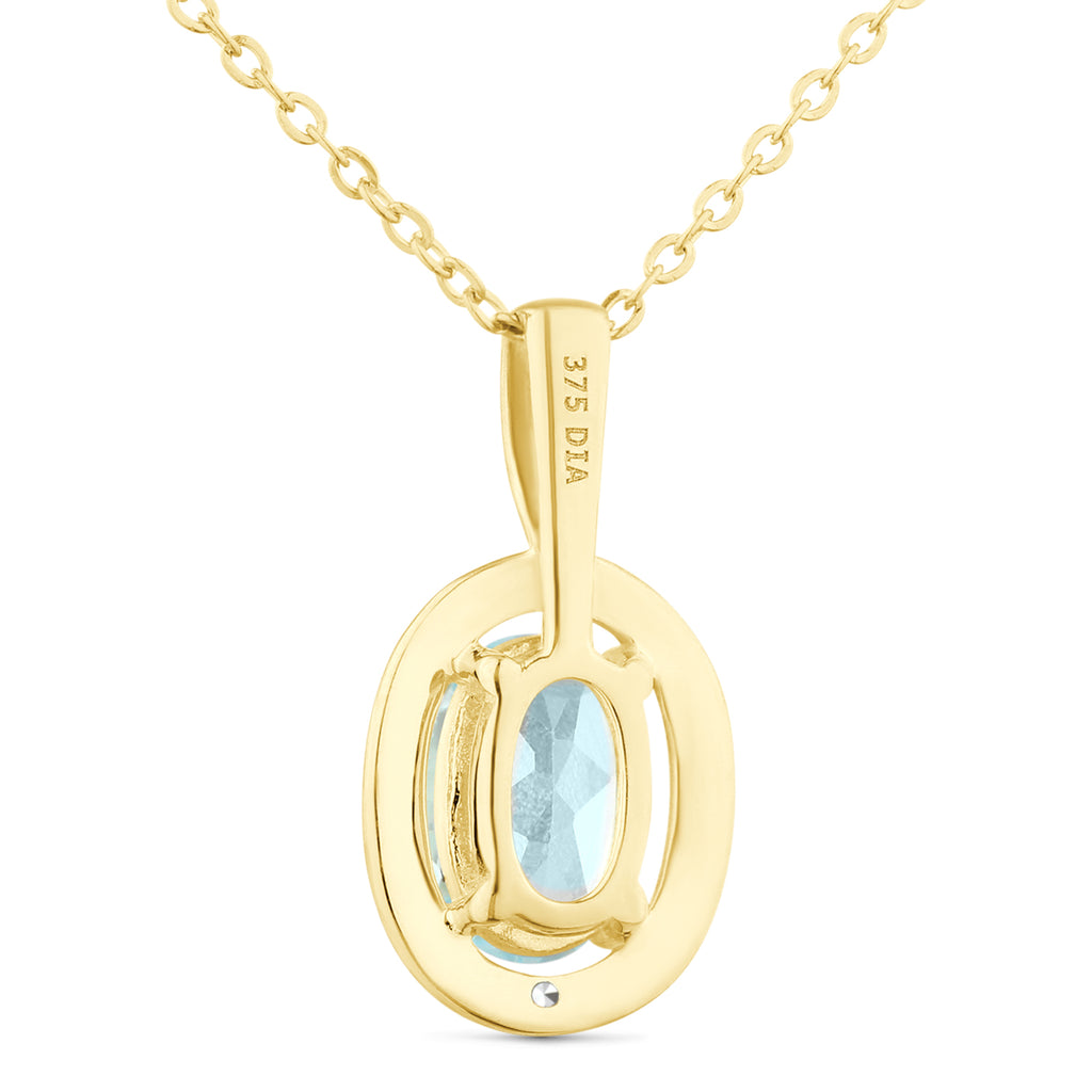 9ct Yellow Gold Oval Blue Topaz and Diamond Cluster Pendant